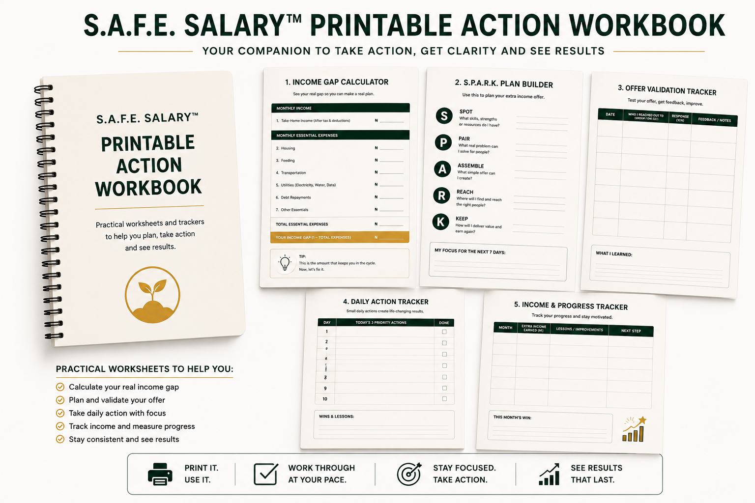 S.A.F.E. Salary™ Printable Action Workbook worksheets: income gap calculator, S.P.A.R.K. plan builder, offer validation tracker, daily action tracker and income and progress tracker.